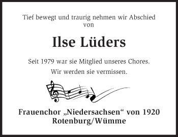Traueranzeige von Ilse Lüders von KRZ