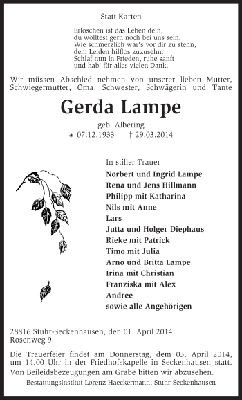 Traueranzeige von Gerda Lampe von KRZ