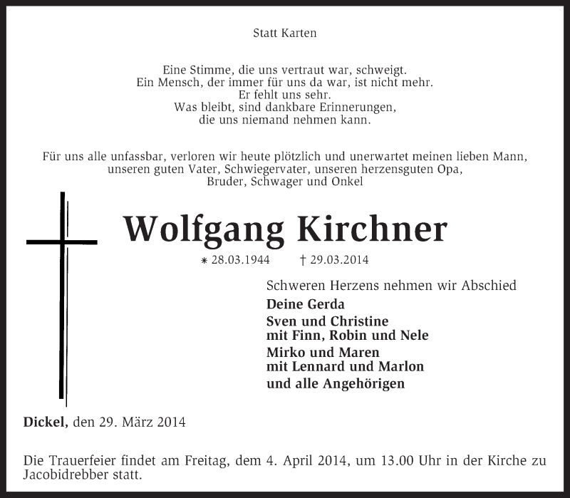  Traueranzeige für Wolfgang Kirchner vom 01.04.2014 aus KRZ