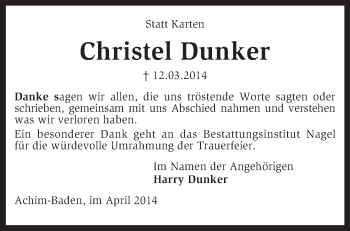 Traueranzeige von Christel Dunker von KRZ