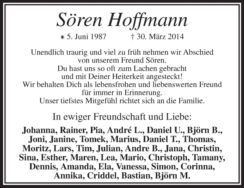  Traueranzeige für Sören Hoffmann vom 03.04.2014 aus KRZ