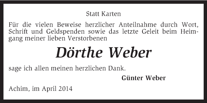  Traueranzeige für Dörthe Weber vom 05.04.2014 aus KRZ