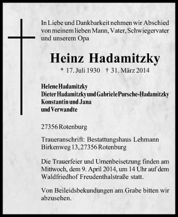 Traueranzeige von Heinz Hadamitzky von KRZ
