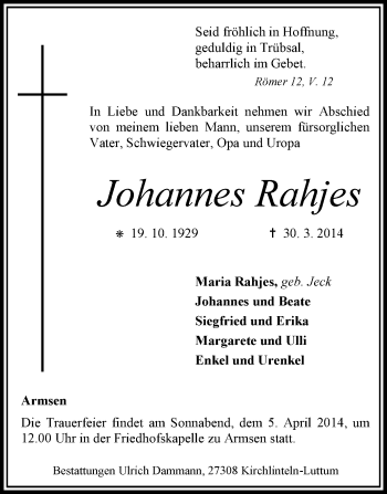 Traueranzeige von Johannes Rahjes von KRZ