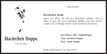 Traueranzeige von Mariechen Hoppe von KRZ