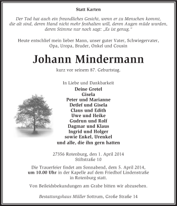 Traueranzeige von Johann Mindermann von KRZ