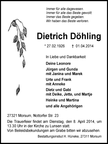 Traueranzeige von Dietrich Döhling von KRZ