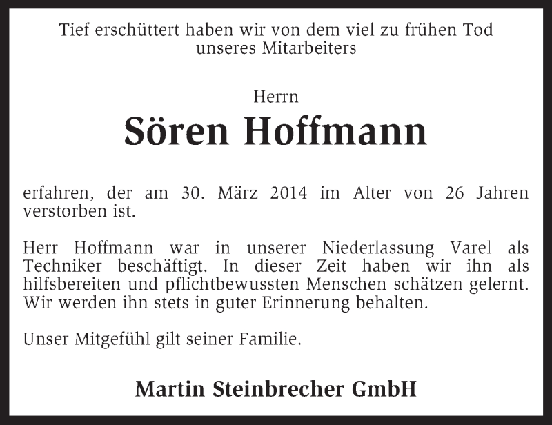  Traueranzeige für Sören Hoffmann vom 04.04.2014 aus KRZ