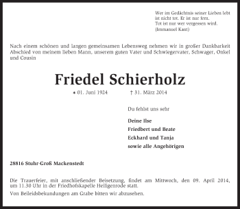 Traueranzeige von Friedel Schierholz von KRZ