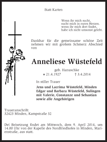 Traueranzeige von Anneliese Wüstefeld von KRZ