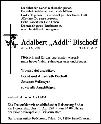 Traueranzeige von Adalbert Bischoff von KRZ