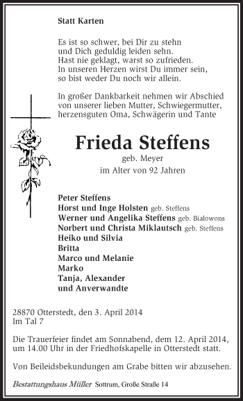 Traueranzeige von Frieda Steffens von KRZ