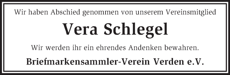  Traueranzeige für Vera Schlegel vom 09.04.2014 aus KRZ