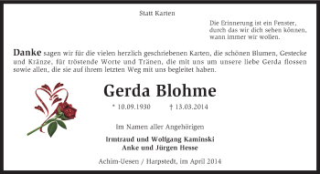 Traueranzeige von Gerda Blohme von KRZ