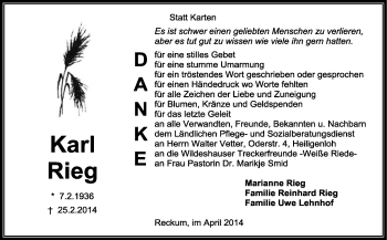 Traueranzeige von Karl Rieg von KRZ