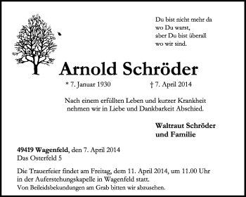 Traueranzeige von Arnold Schröder von KRZ
