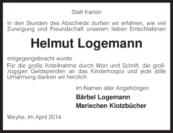 Traueranzeige von Helmut Logemann von KRZ