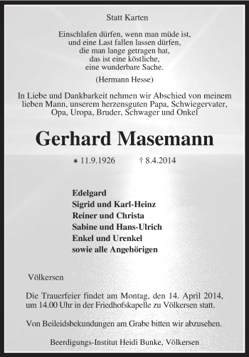 Traueranzeige von Gerhard Masemann von KRZ