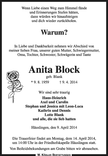 Traueranzeige von Anita Block von KRZ