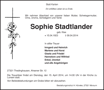 Traueranzeige von Sophie Stadtlander von KRZ