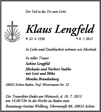Traueranzeige von Klaus Lengfeld von KREISZEITUNG SYKE