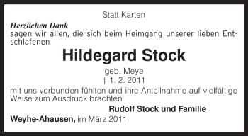 Traueranzeige von Hildegard Stock von KREISZEITUNG SYKE