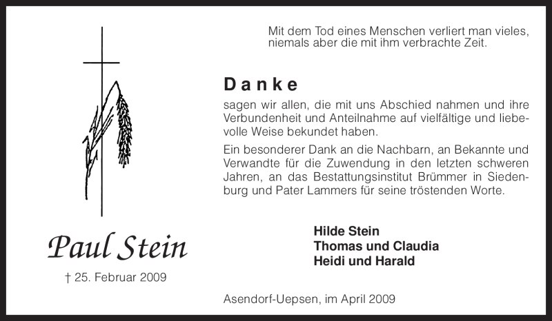  Traueranzeige für Paul Stein vom 04.04.2009 aus KREISZEITUNG SYKE