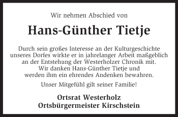 Traueranzeige von Hans-Günther Tietje von KRZ