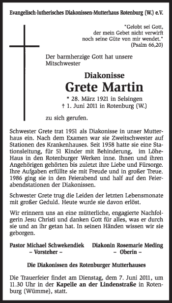 Traueranzeige von Grete Martin von KREISZEITUNG SYKE