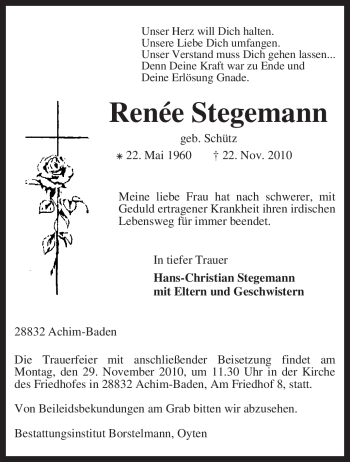 Traueranzeige von Renée Stegemann von KREISZEITUNG SYKE