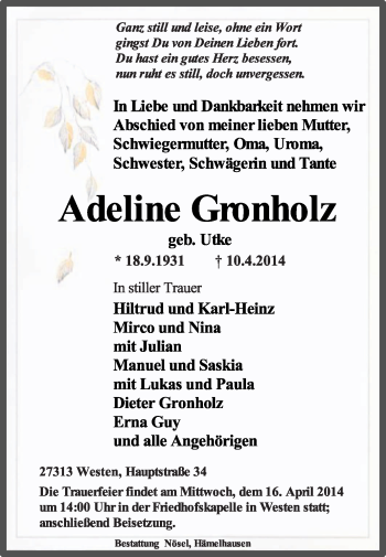 Traueranzeige von Adeline Gronholz von KRZ