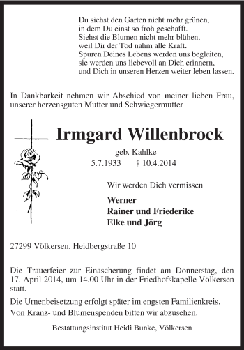 Traueranzeige von Irmgard Willenbrock von KRZ