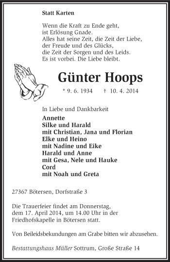 Traueranzeige von Günter Hoops von KRZ