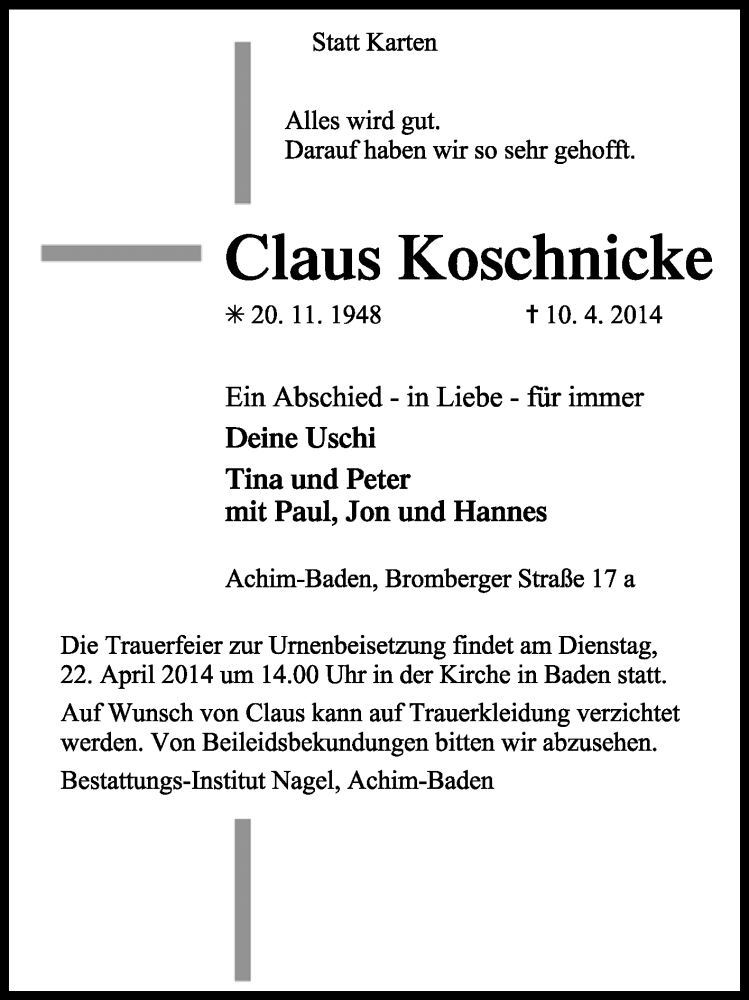  Traueranzeige für Claus Koschnicke vom 12.04.2014 aus KRZ