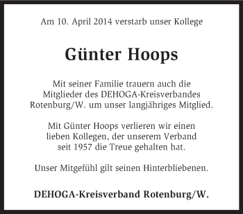 Traueranzeige von Günter Hoops von KRZ