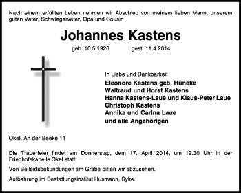 Traueranzeige von Johannes Kastens von KRZ