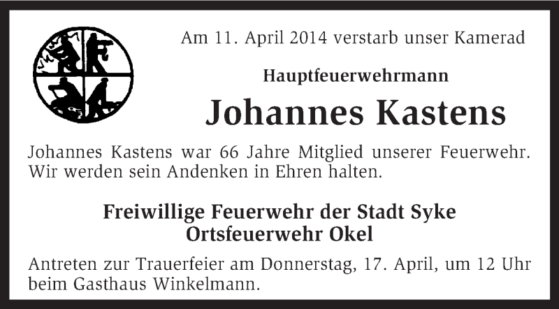  Traueranzeige für Johannes Kastens vom 14.04.2014 aus KRZ