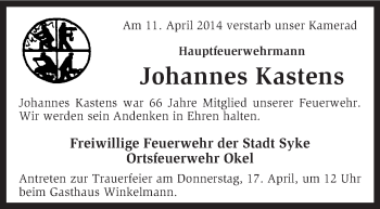 Traueranzeige von Johannes Kastens von KRZ