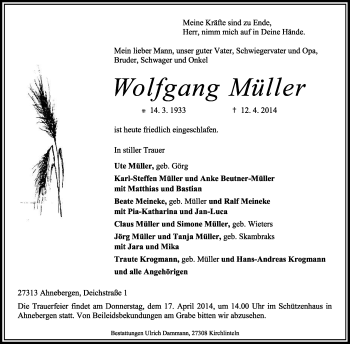 Traueranzeige von Wolfgang Müller von KRZ