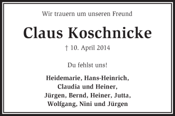 Traueranzeige von Claus Koschnicke von KRZ