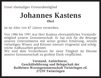 Traueranzeige von Johannes Kastens von KRZ