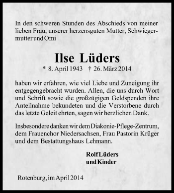 Traueranzeige von Ilse Lüders von KRZ