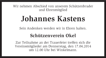 Traueranzeige von Johannes Kastens von KRZ