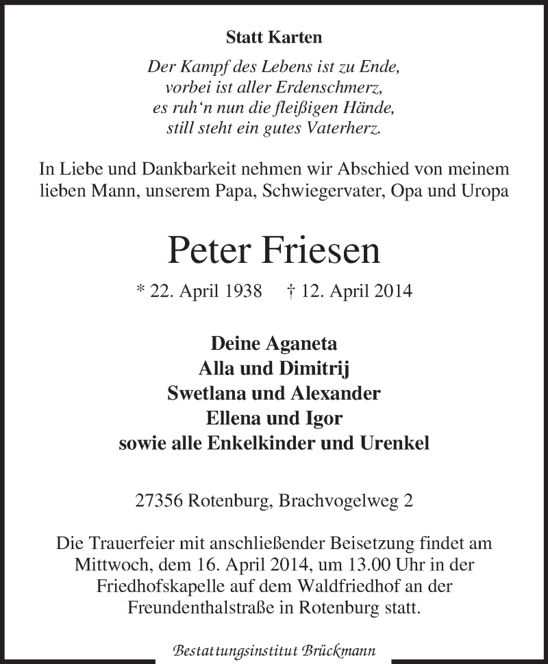 Traueranzeige für Peter Friesen vom 15.04.2014 aus KRZ