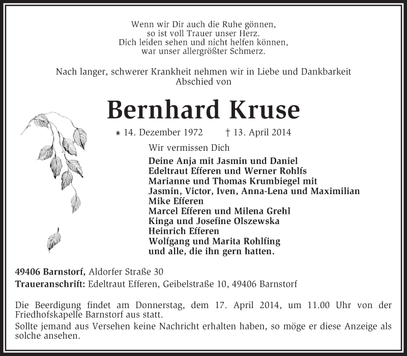  Traueranzeige für Bernhard Kruse vom 15.04.2014 aus KRZ