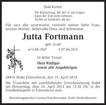 Traueranzeige von Jutta Fortmann von KRZ