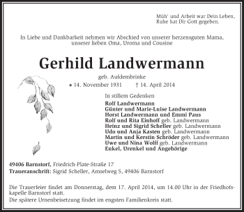 Traueranzeige von Gerhild Landwermann von KRZ