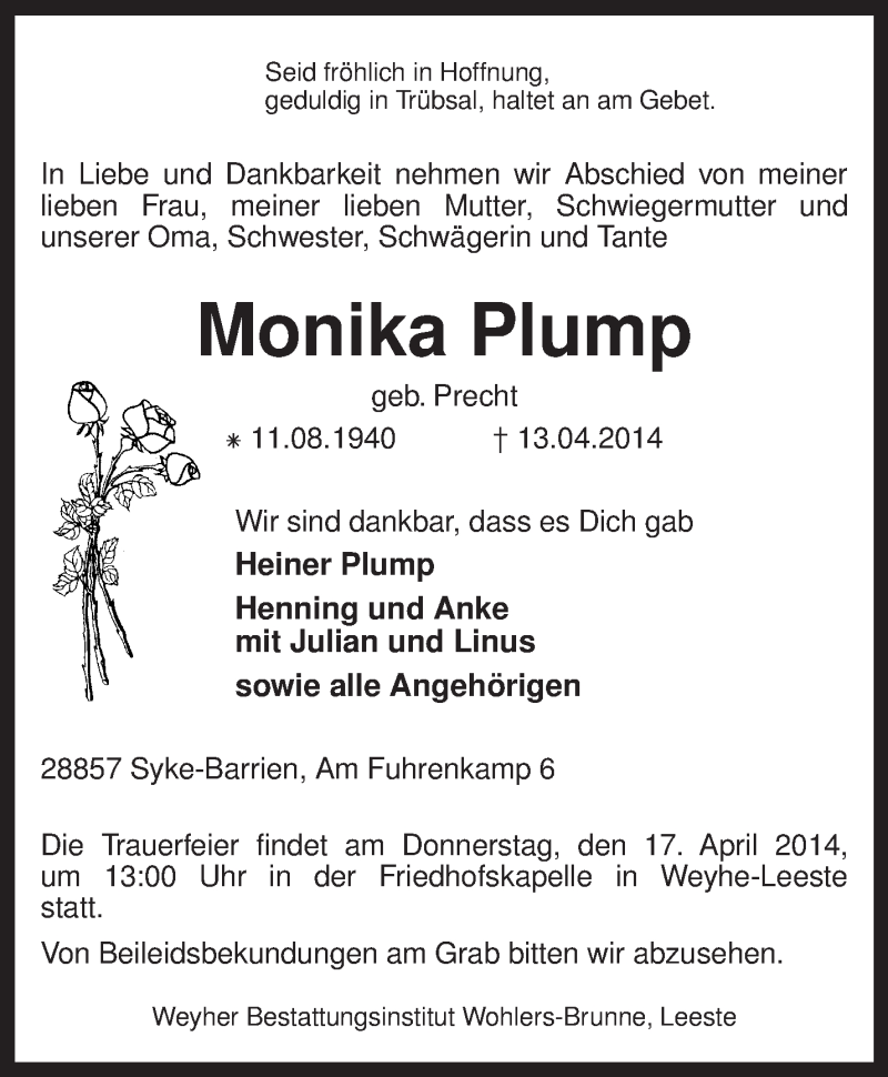  Traueranzeige für Monika Plump vom 15.04.2014 aus KRZ