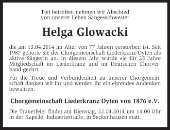 Traueranzeige von Helga Glowacki von KRZ