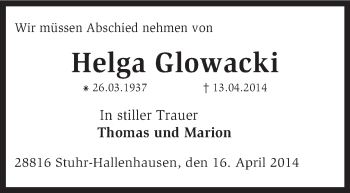 Traueranzeige von Helga Glowacki von KRZ